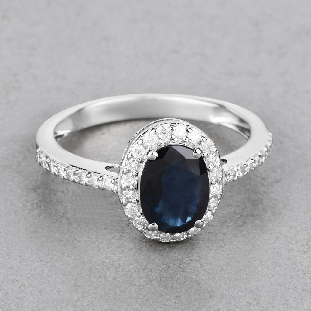 Blue Sapphire Ring With Diamonds 1.8 Carats 14K White Gold