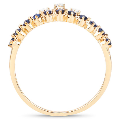 Tiara Ring Blue Sapphires and Diamonds 0.29 Carats 14K Yellow Gold