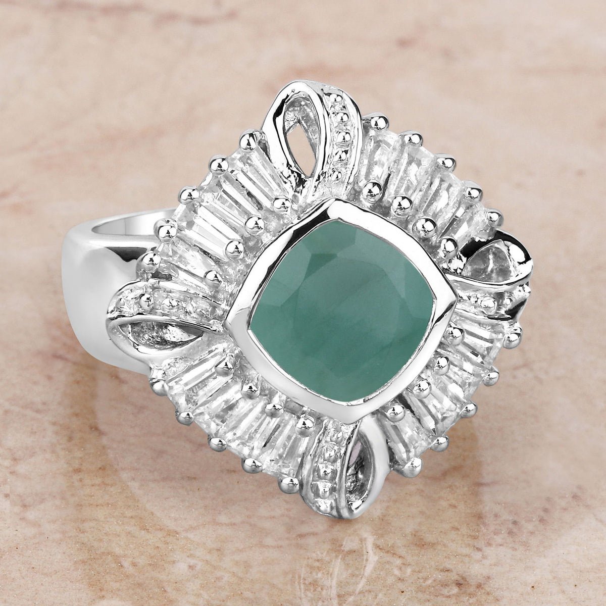 Emerald Ring With White Topaz and Diamonds 2.53 Carats Sterling Silver