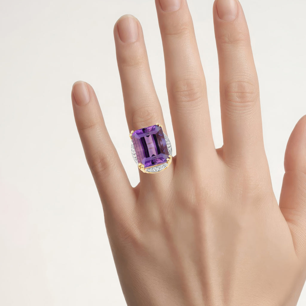 Amethyst Ring With White Topaz 11.5 Carats Gold Plated Silver
