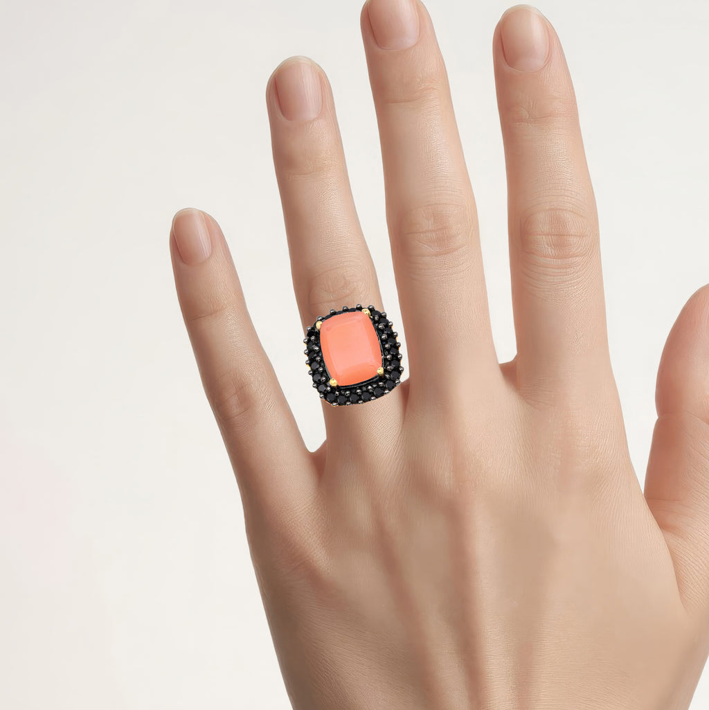 Peach Moonstone Ring With Black Spinel 6.32 Carats Gold Plated Silver
