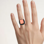 Peach Moonstone Ring With Black Spinel 6.32 Carats Gold Plated Silver