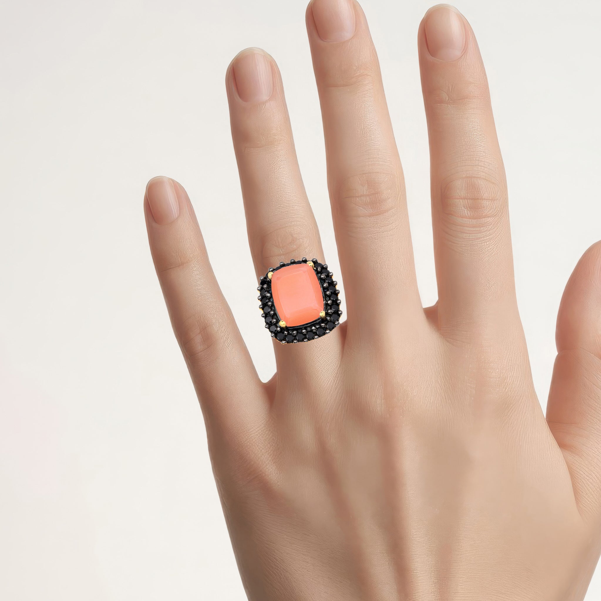 Peach Moonstone Ring With Black Spinel 6.32 Carats Gold Plated Silver