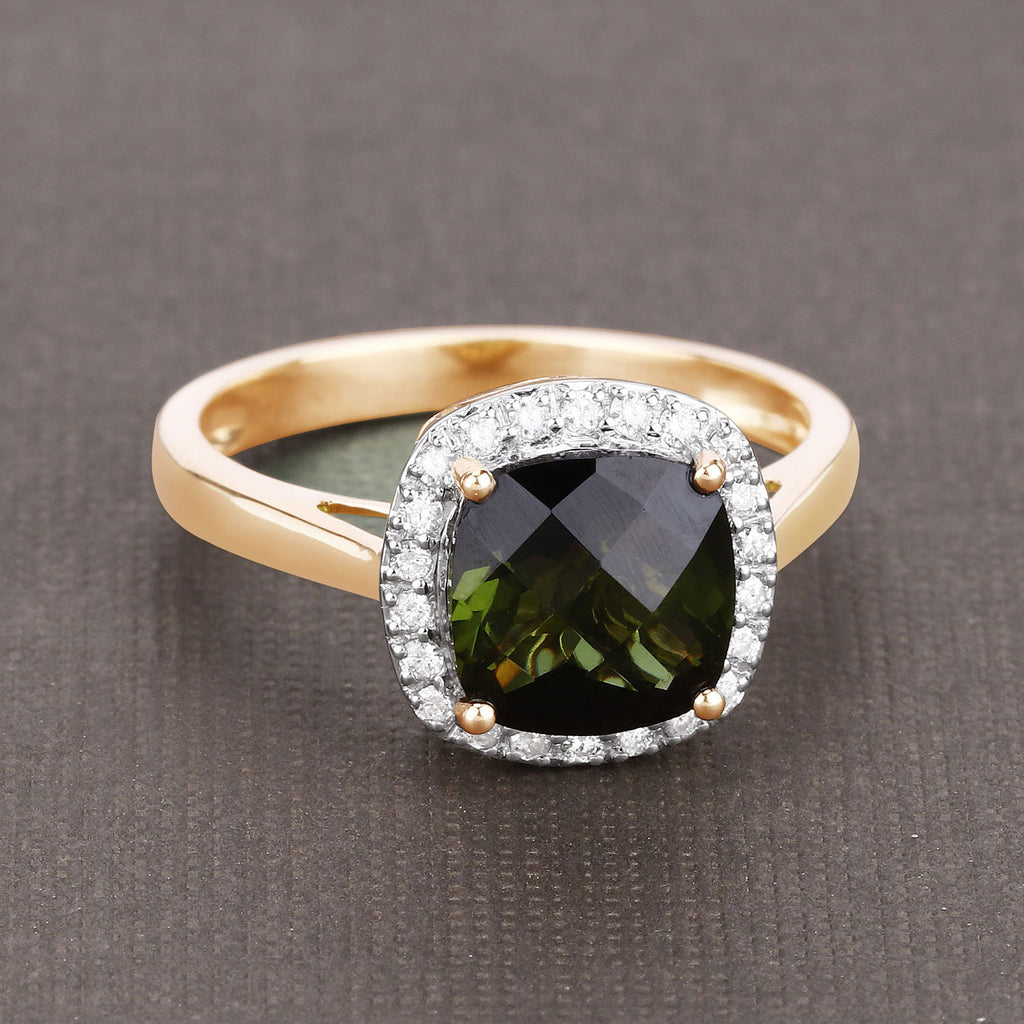 Green Tourmaline Ring With Diamonds 2.6 Carats 14K Yellow Gold