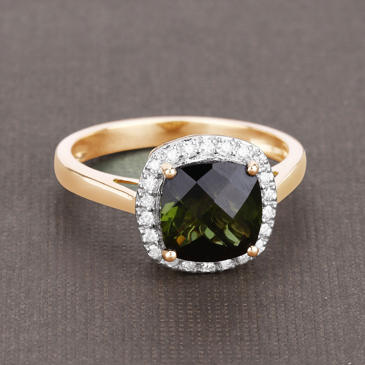 Green Tourmaline Ring With Diamonds 2.6 Carats 14K Yellow Gold