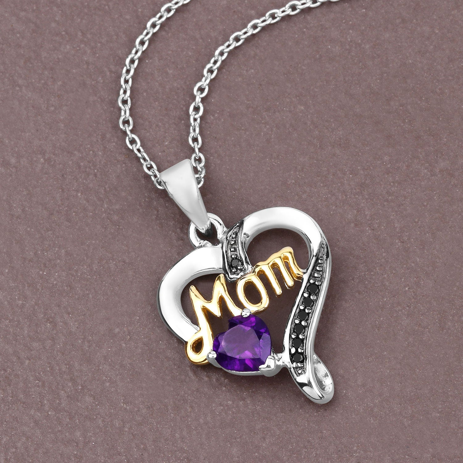 Amethyst Mom Pendant With Black Spinel 0.46 Carats Gold Plated Silver