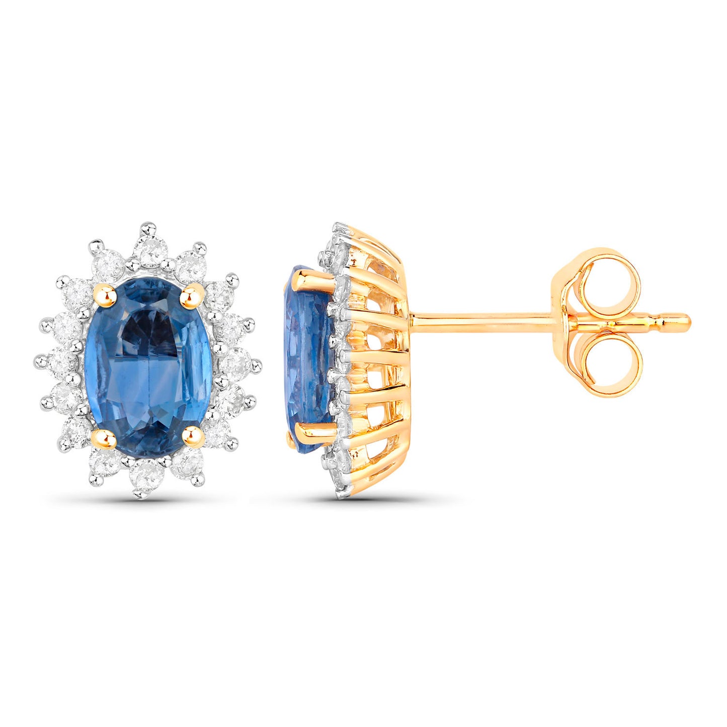 Blue Sapphire Earrings Halo Diamonds 2.2 Carats 14K Yellow Gold