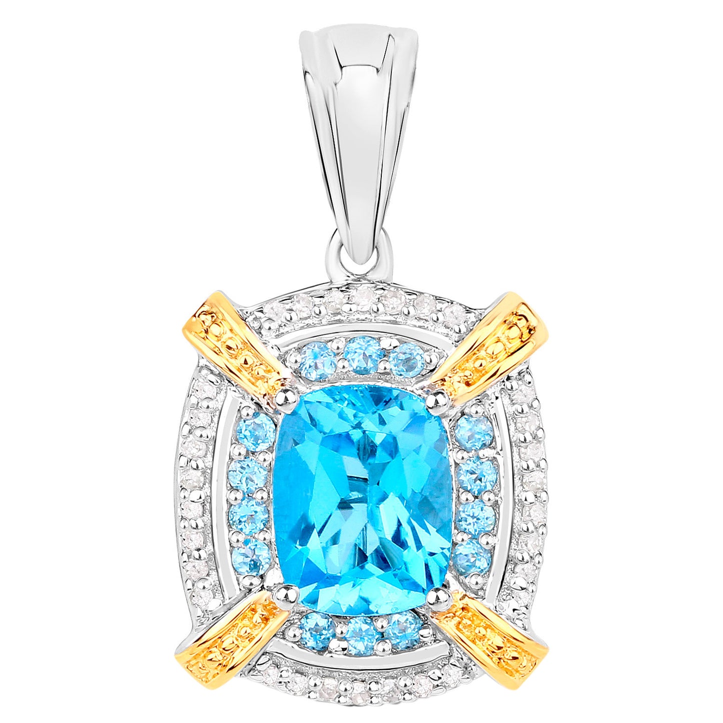 Swiss Blue Topaz Pendant Necklace Diamond Setting 3.85 Carats Sterling Silver