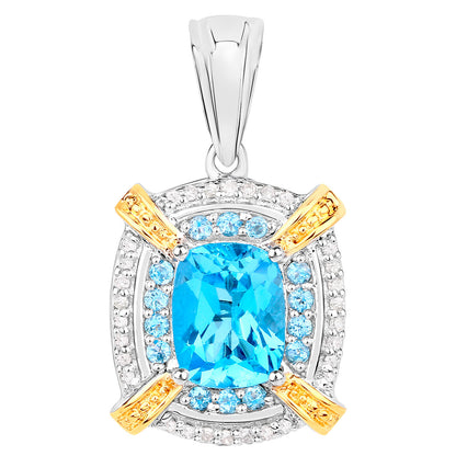 Swiss Blue Topaz Pendant Necklace Diamond Setting 3.85 Carats Sterling Silver