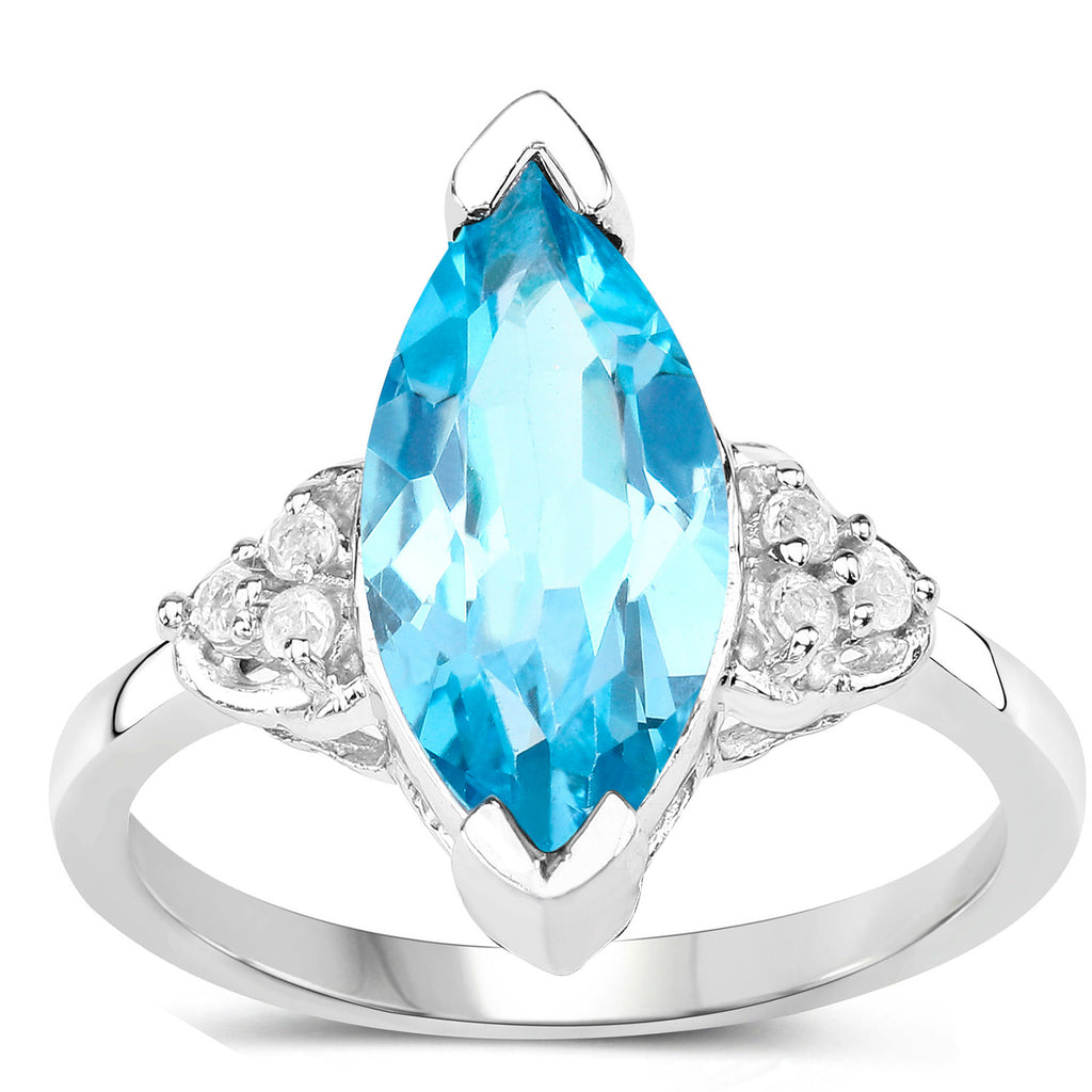 Swiss Blue Topaz Ring With White Topaz 3.76 Carats Sterling Silver