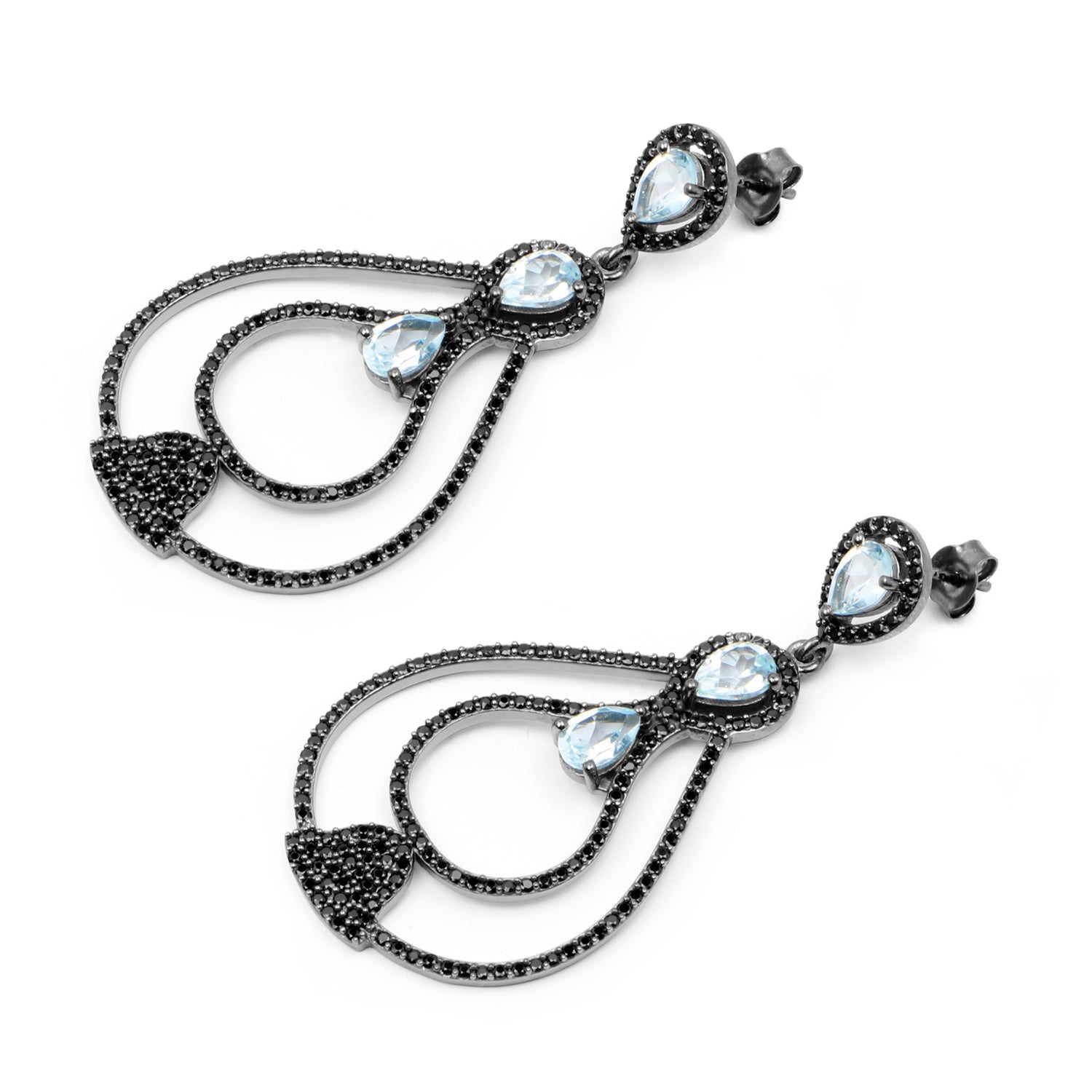 Blue Topaz Earrings With Black Spinel 8.78 Carats Sterling Silver