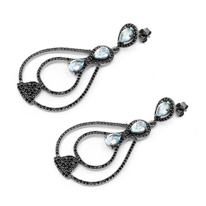 Blue Topaz Earrings With Black Spinel 8.78 Carats Sterling Silver