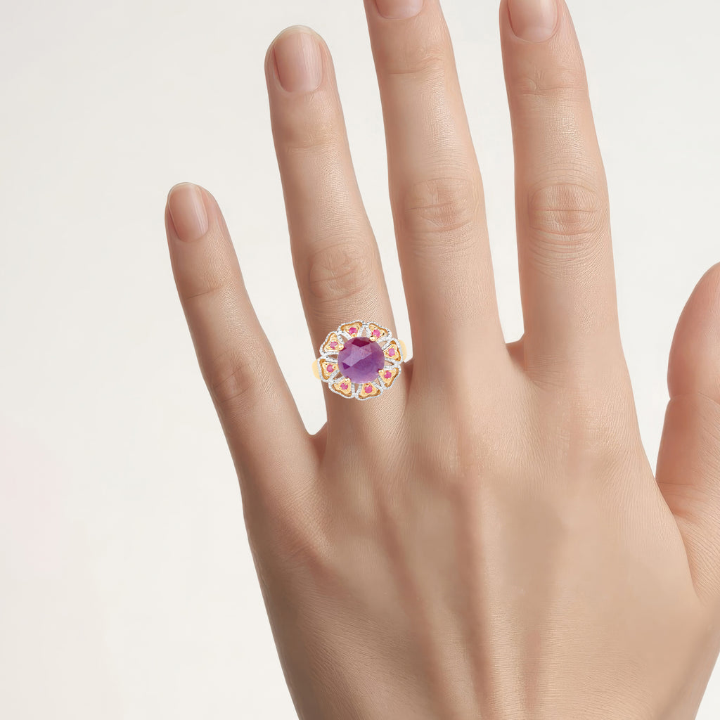 Pink Sapphire Ring With Ruby 5.52 Carats Gold Plated Silver