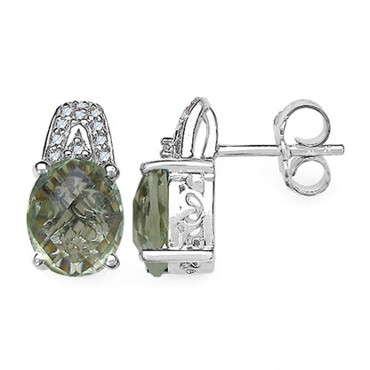 Green Amethyst Earrings With Diamonds 5.42 Carats Sterling Silver