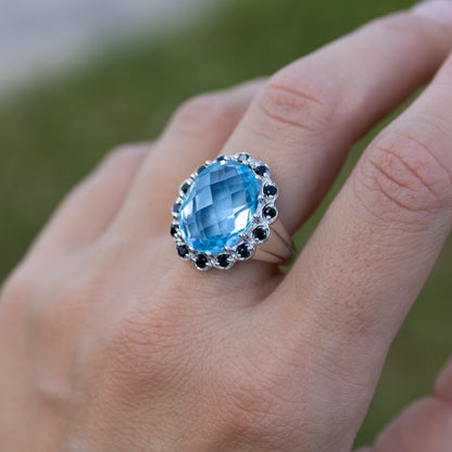 Blue Topaz Ring Black Spinel 12.4 Carats Sterling Silver