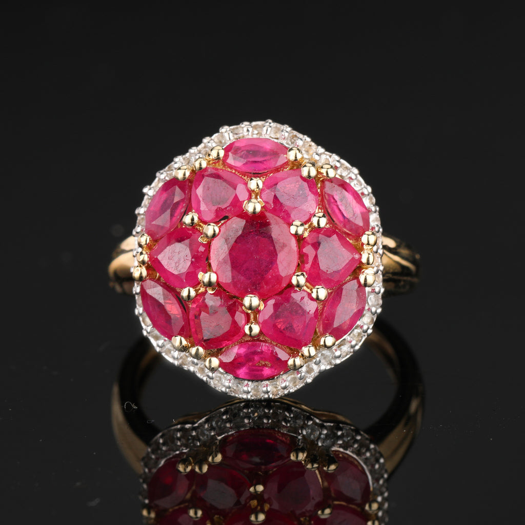 Natural Ruby Ring With White Topaz 4.60 Carats Gold Plated Silver