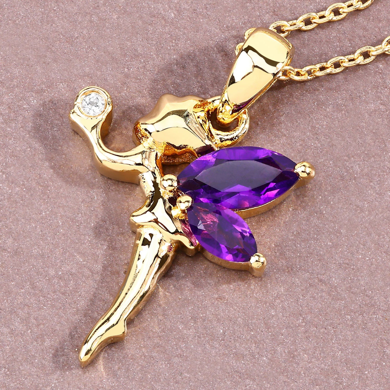 Amethyst Fairy Pendant With White Topaz 0.68 Carats Gold Plated Silver