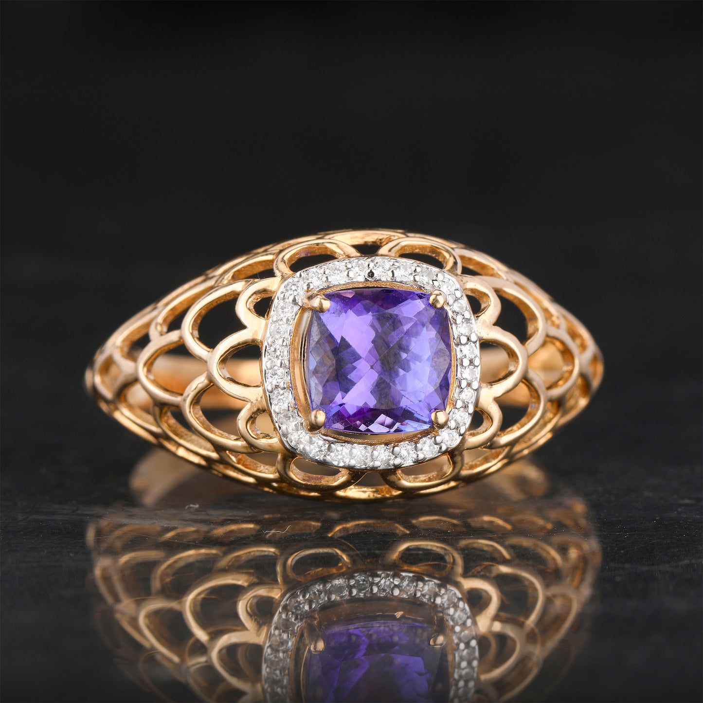Natural Tanzanite Ring With White Zircon 1.09 Carats 9K Yellow Gold