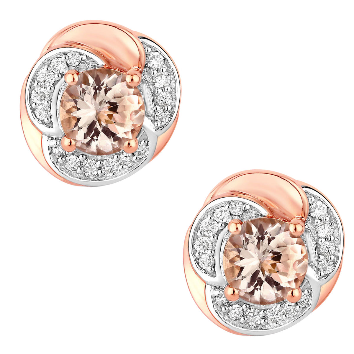 Morganite Flower Stud Earrings With Diamonds 0.9 Carats 14K Rose Gold