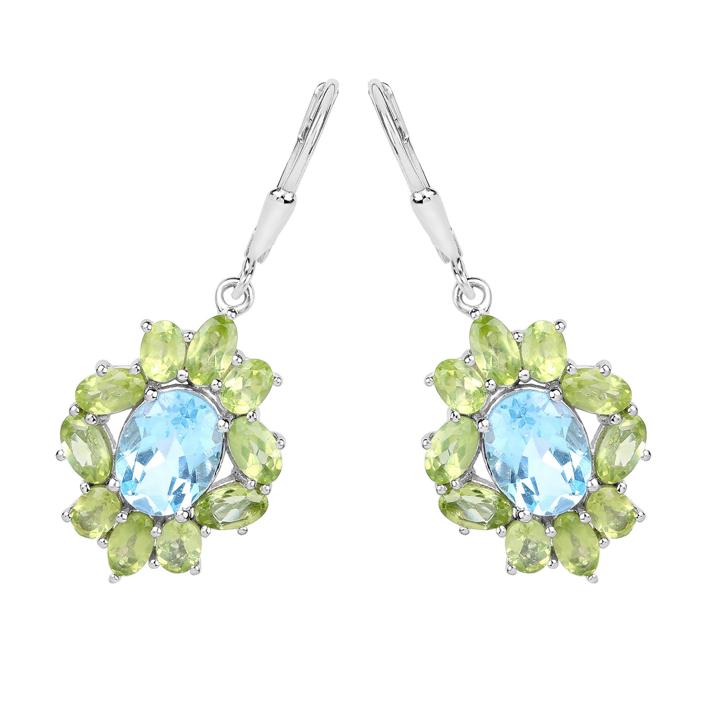 Blue Topaz Earrings With Peridot 8.08 Carats Sterling Silver