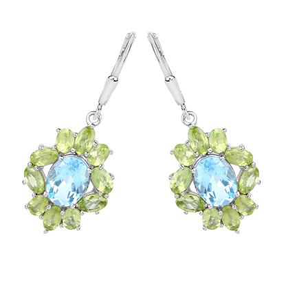 Blue Topaz Earrings With Peridot 8.08 Carats Sterling Silver