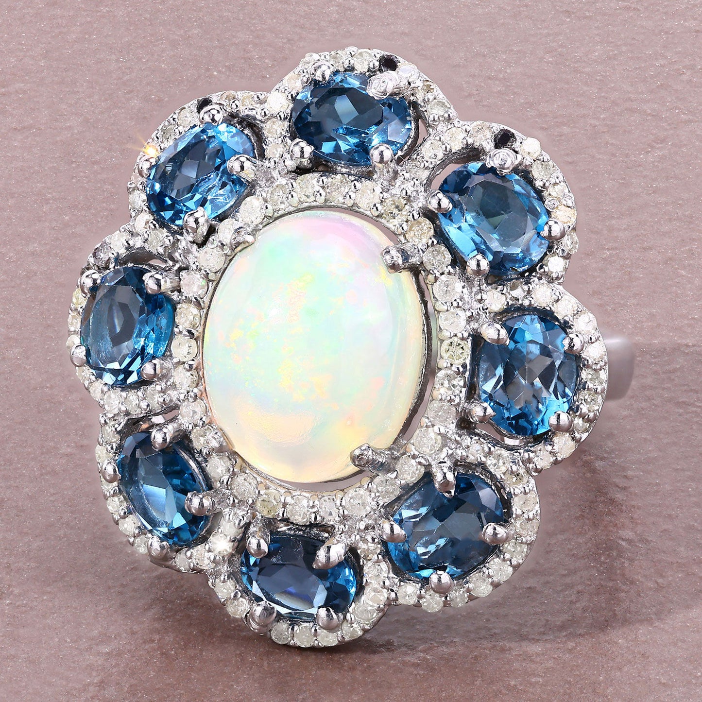 Opal Ring With London Blue Topaz 6.34 Carats Sterling Silver