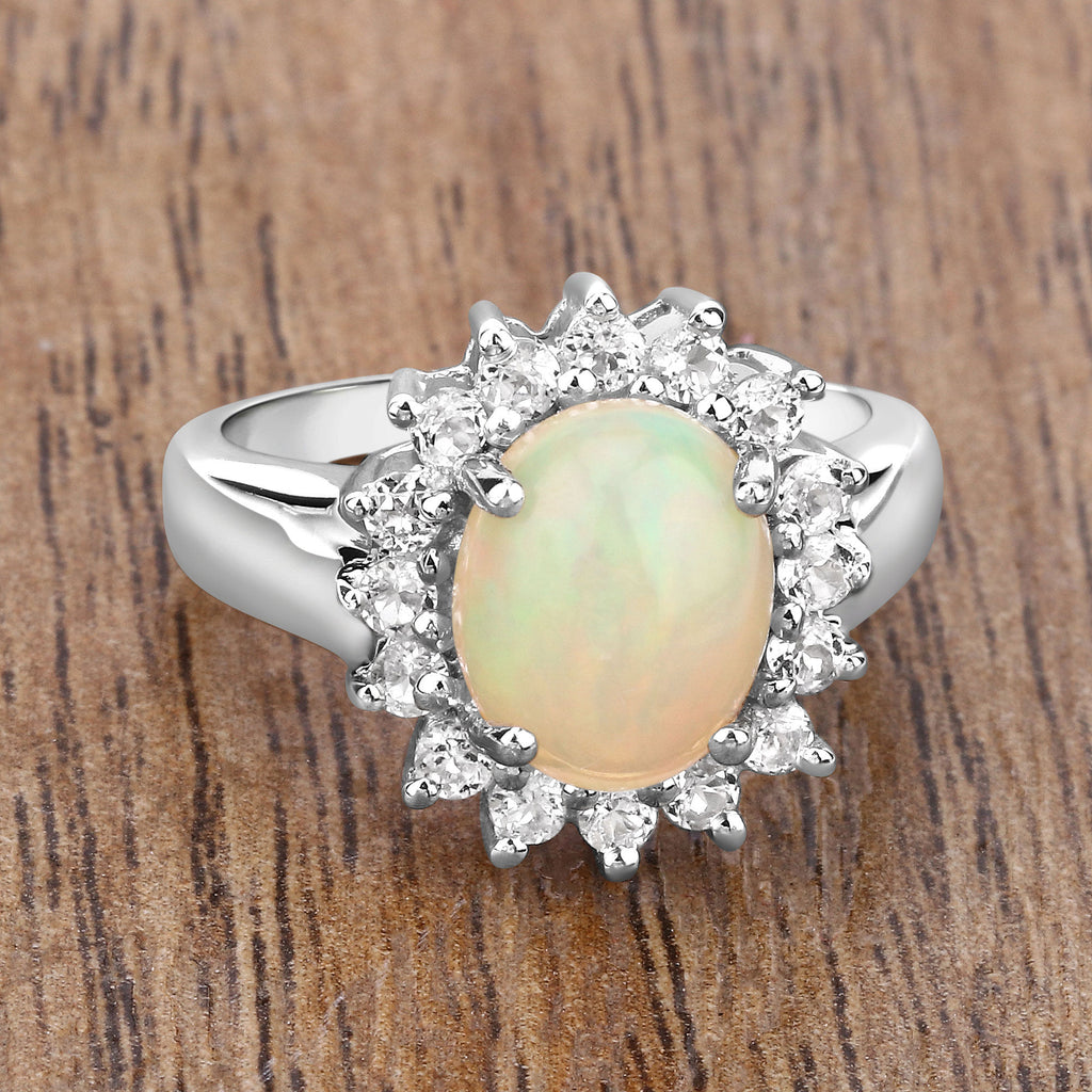 Ethiopian Opal Ring With White Topaz 2.3 Carats Sterling Silver