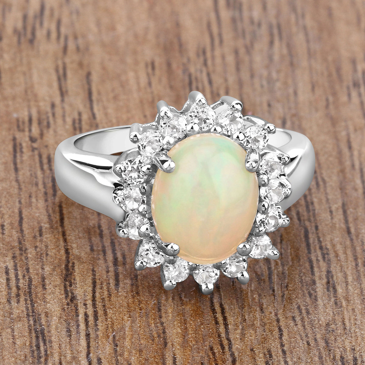 Ethiopian Opal Ring With White Topaz 2.3 Carats Sterling Silver