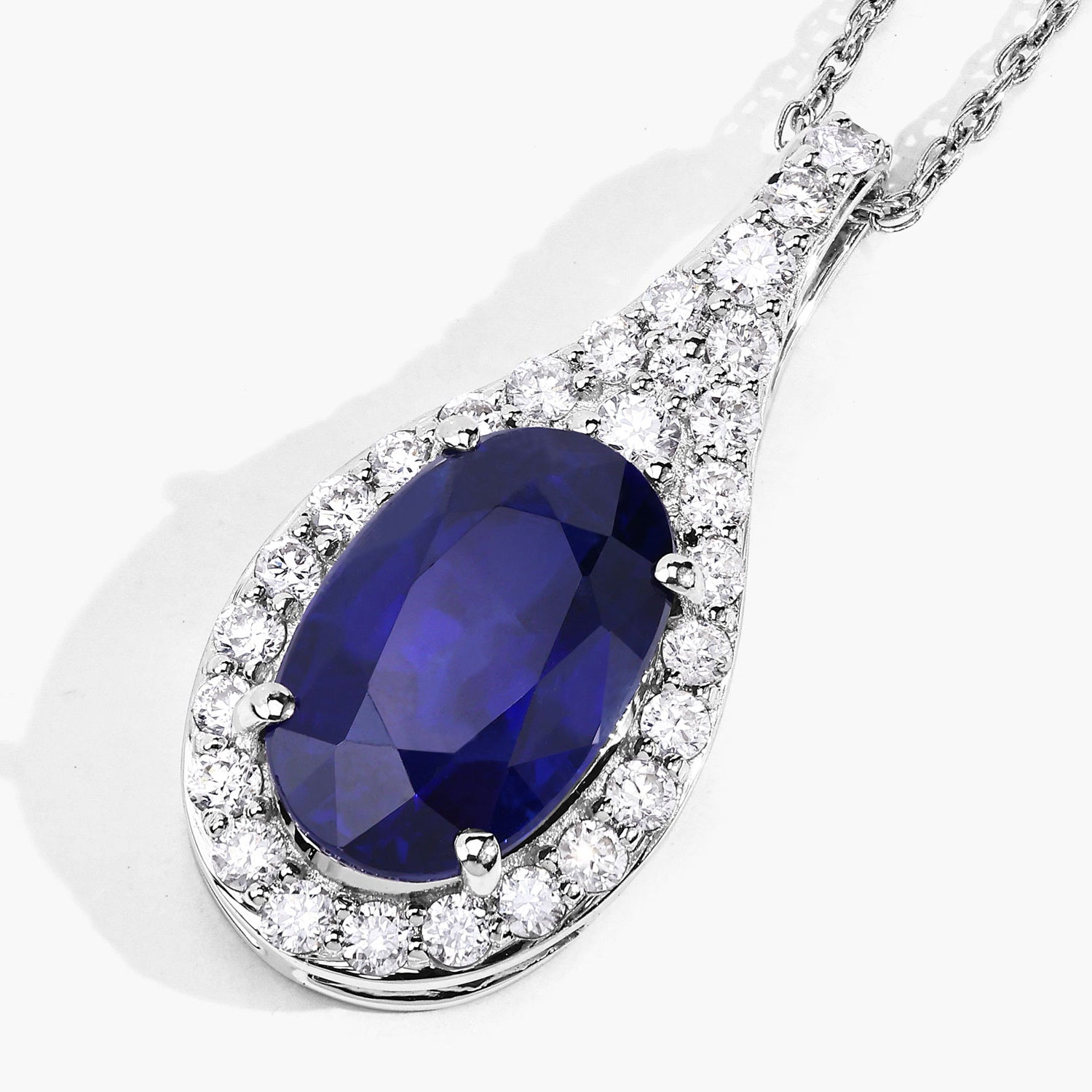 Blue Sapphire Pendant With Diamonds 3.77 Carats 18K White Gold