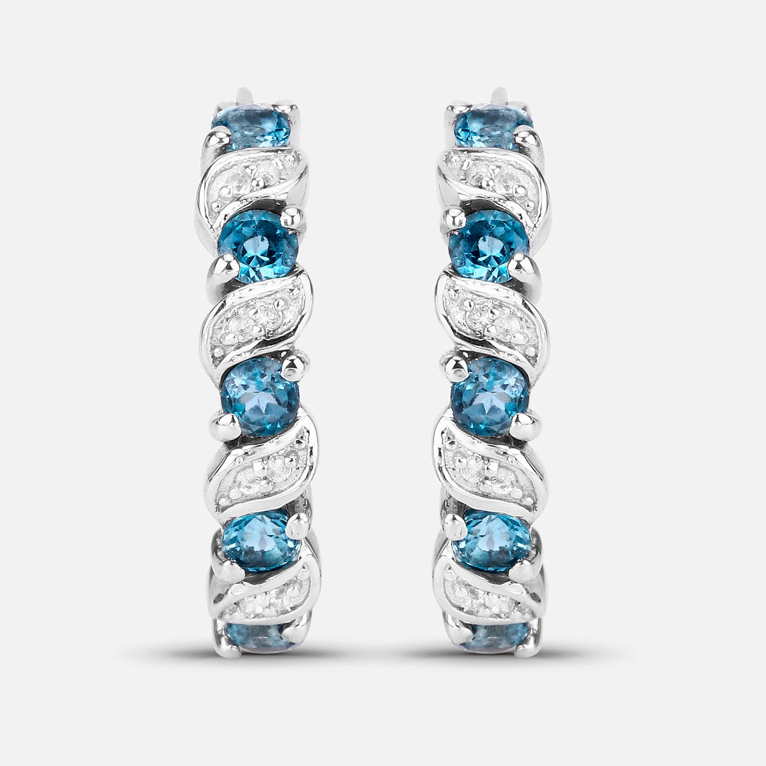 London Blue Topaz Hoop Earrings With White Topaz 1.44 Carats Sterling Silver