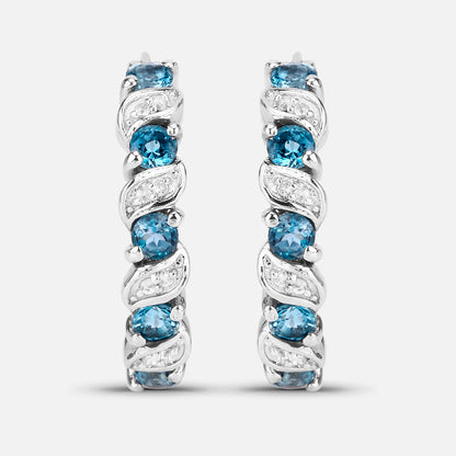 London Blue Topaz Hoop Earrings With White Topaz 1.44 Carats Sterling Silver
