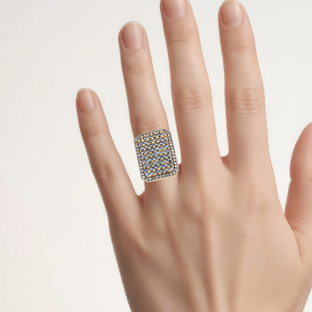 Blue Sapphire Ring With Diamonds 2.6 Carats Gold Plated Silver
