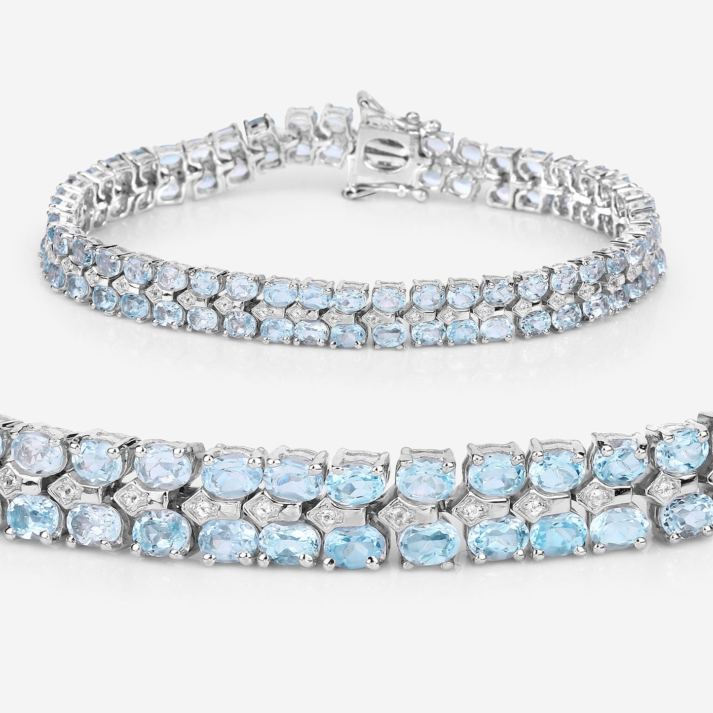 Blue Topaz Tennis Bracelet White Diamonds 17.2 Carats Silver
