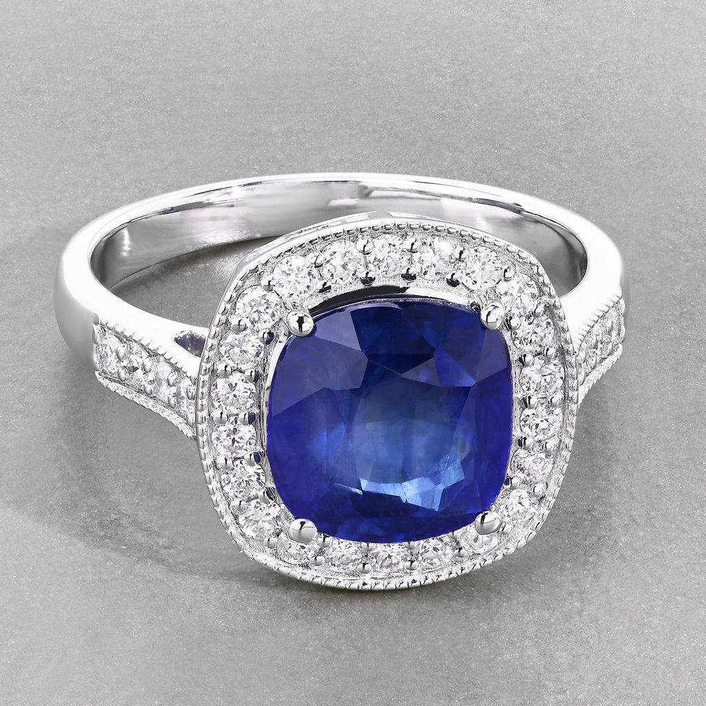 Blue Sapphire Ring With Diamonds 4 Carats 18K White Gold