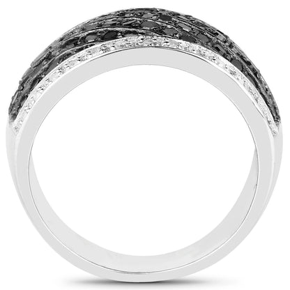 Wide Band Cluster Ring Black and White Diamonds Sterling Silver