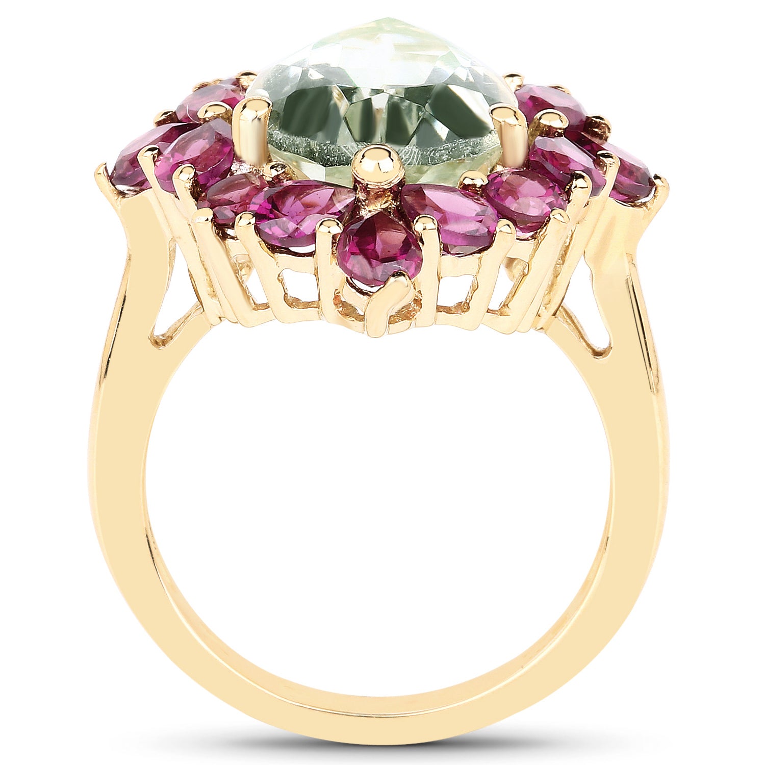 Green Amethyst Ring Rhodolites 7.1 Carats 14K Yellow Gold Plated Silver