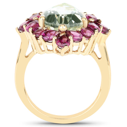 Green Amethyst Ring Rhodolites 7.1 Carats 14K Yellow Gold Plated Silver