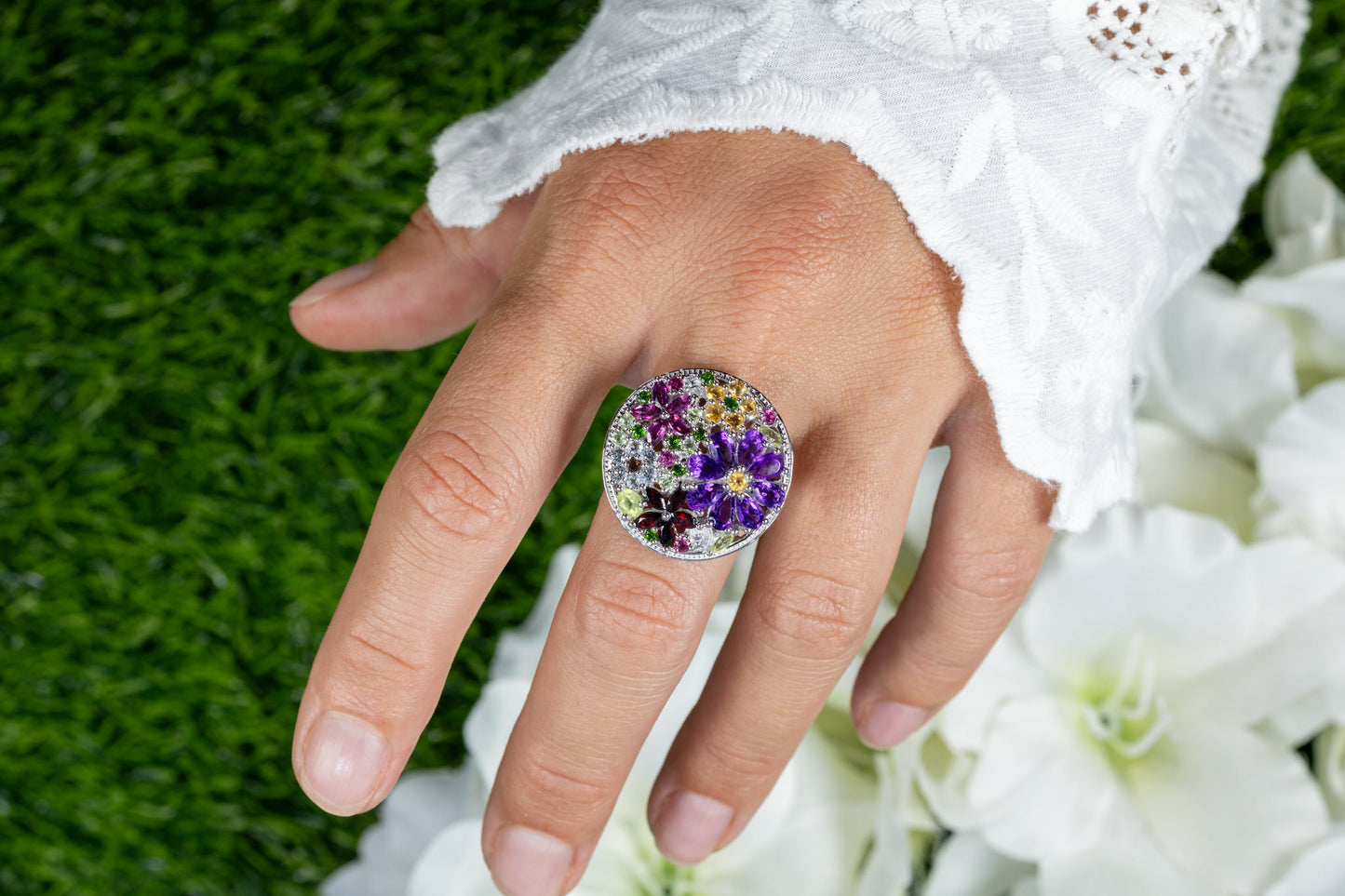 Multicolored Gemstones Flower Ring Amethyst Peridot Garnet Topaz Citrine