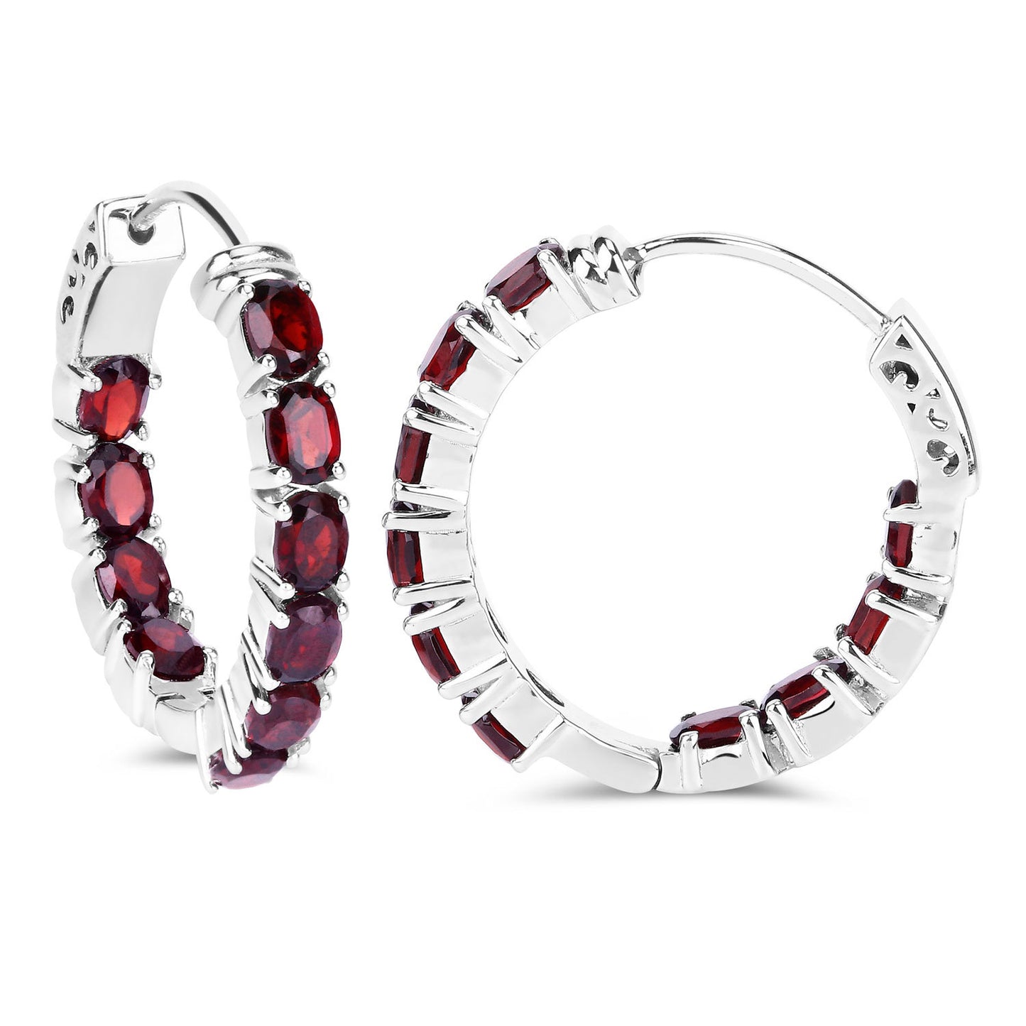 Garnet Hoop Earrings 4 Carats Rhodium Plated Silver