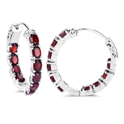 Garnet Hoop Earrings 4 Carats Rhodium Plated Silver