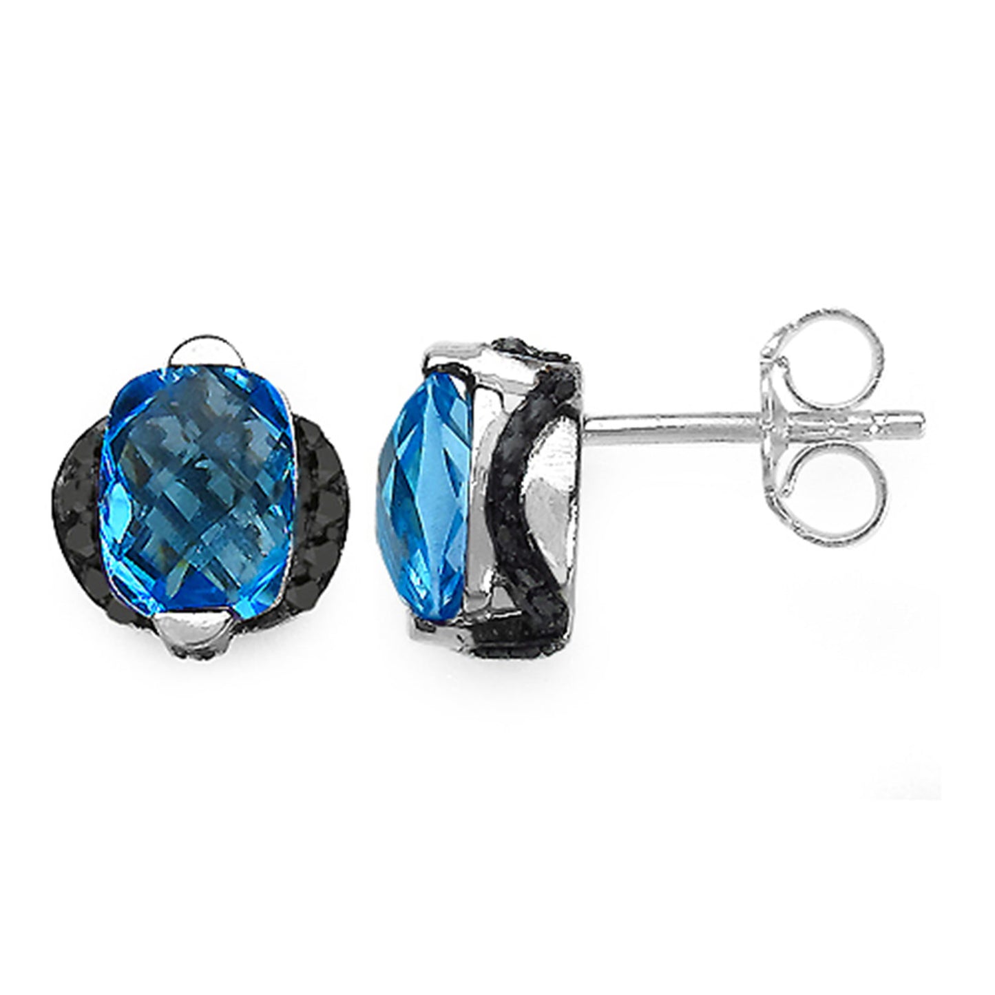 Swiss Blue Topaz Earrings With Black Diamond 3.70 Carats Sterling Silver