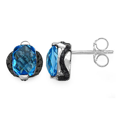Swiss Blue Topaz Earrings With Black Diamond 3.70 Carats Sterling Silver