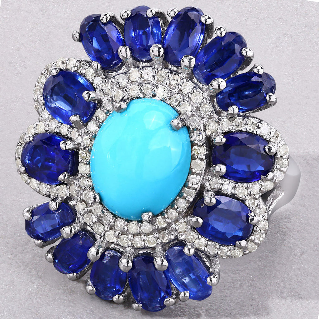 Turquoise Ring With Kyanite 9.58 Carats Sterling Silver