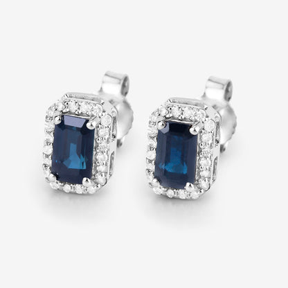 Blue Sapphire Earrings Diamond Halo 0.9 Carats 14K White Gold