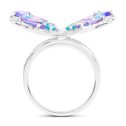 Butterfly Cocktail Ring Tanzanite and Swiss Blue Topaz 3.65 Carats