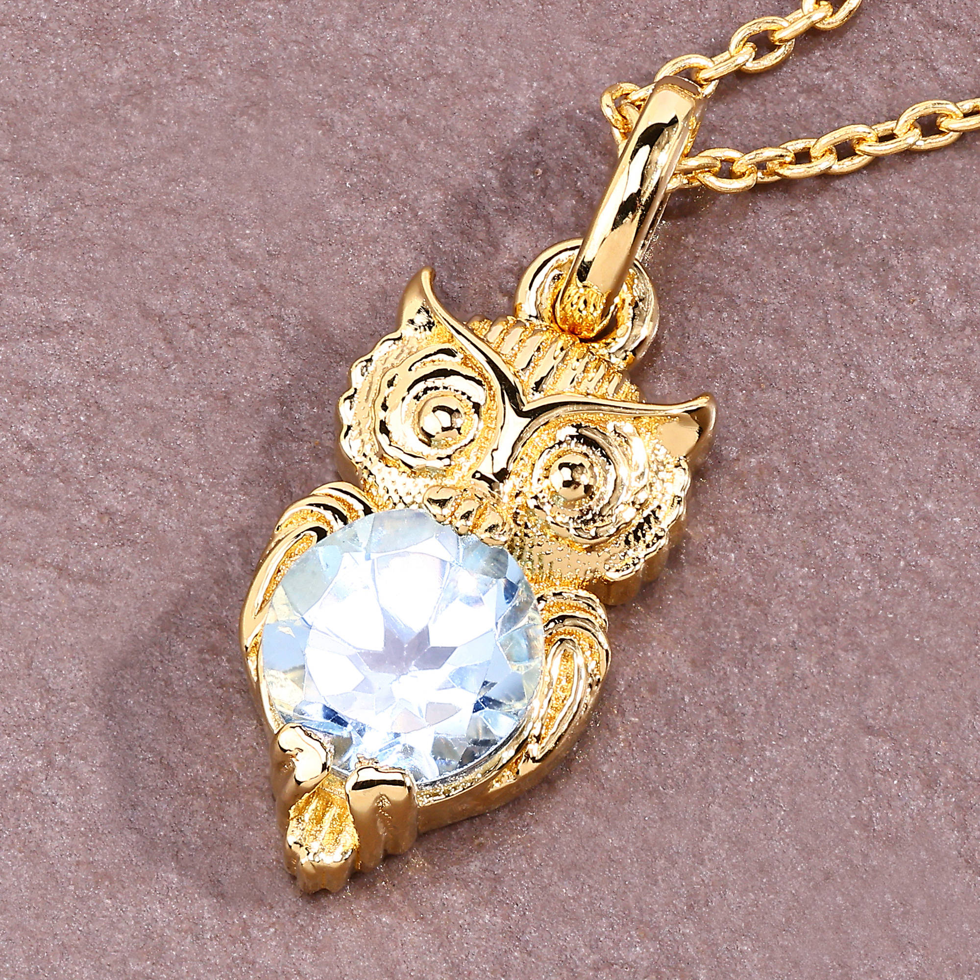 Blue Topaz Owl Pendant 1.04 Carats Gold Plated Silver
