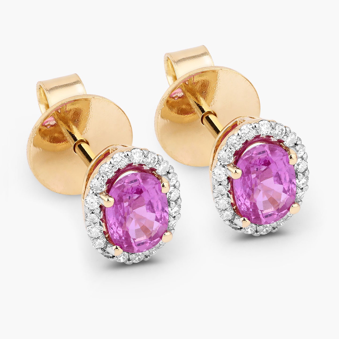Pink Sapphire Halo Earrings With Diamonds 1.46 Carats 14K Yellow Gold
