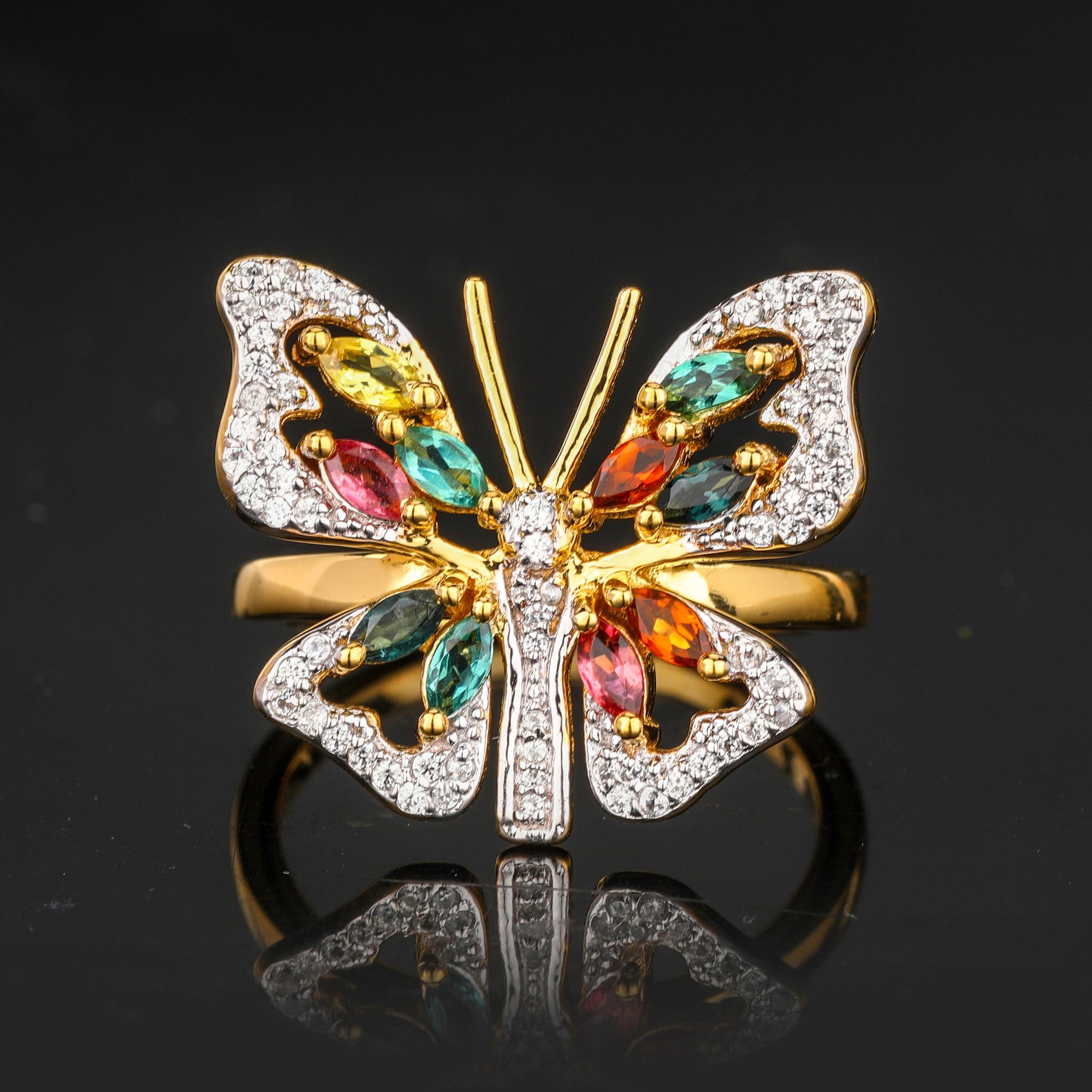 Natural Multicolor Tourmaline Butterfly Ring 1.39 Carats Gold Plated Silver