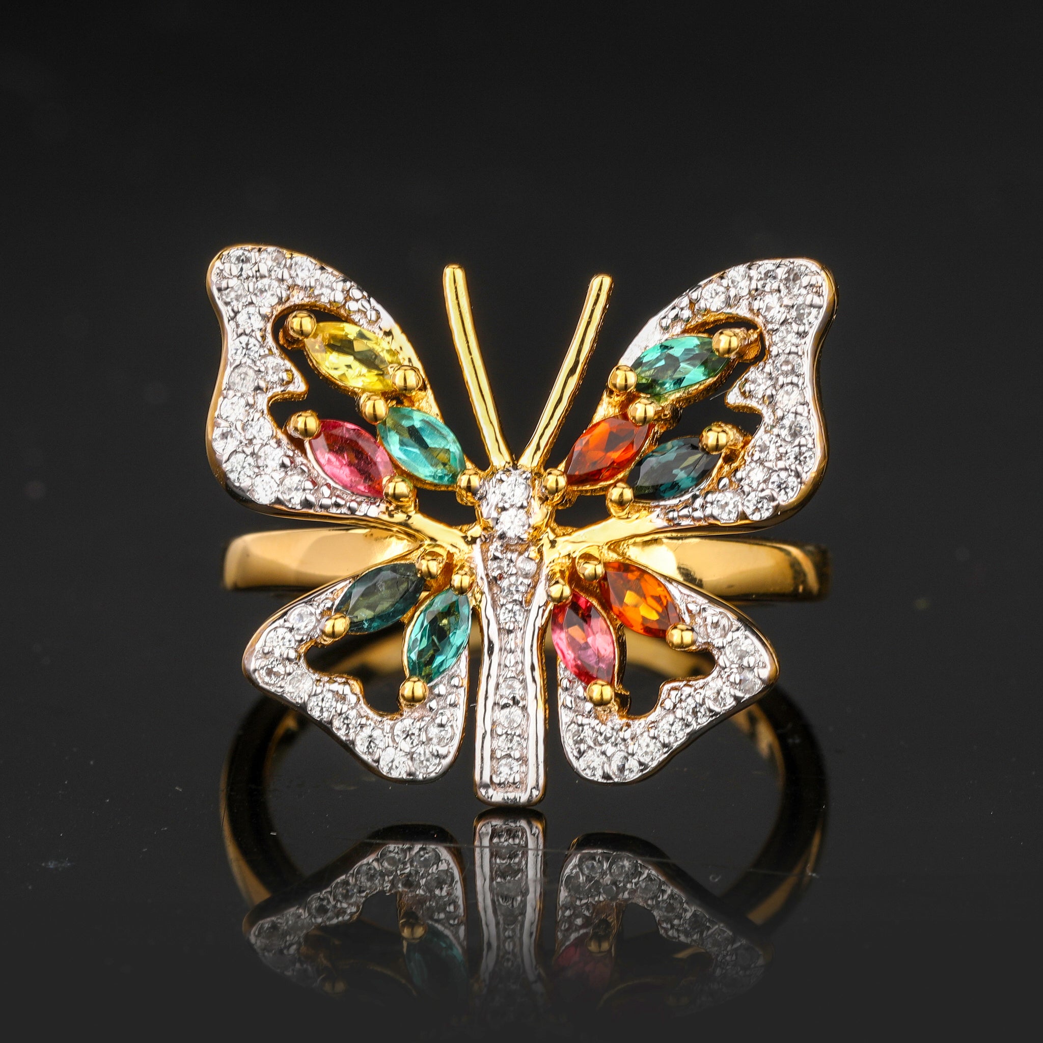 Natural Multicolor Tourmaline Butterfly Ring 1.39 Carats Gold Plated Silver