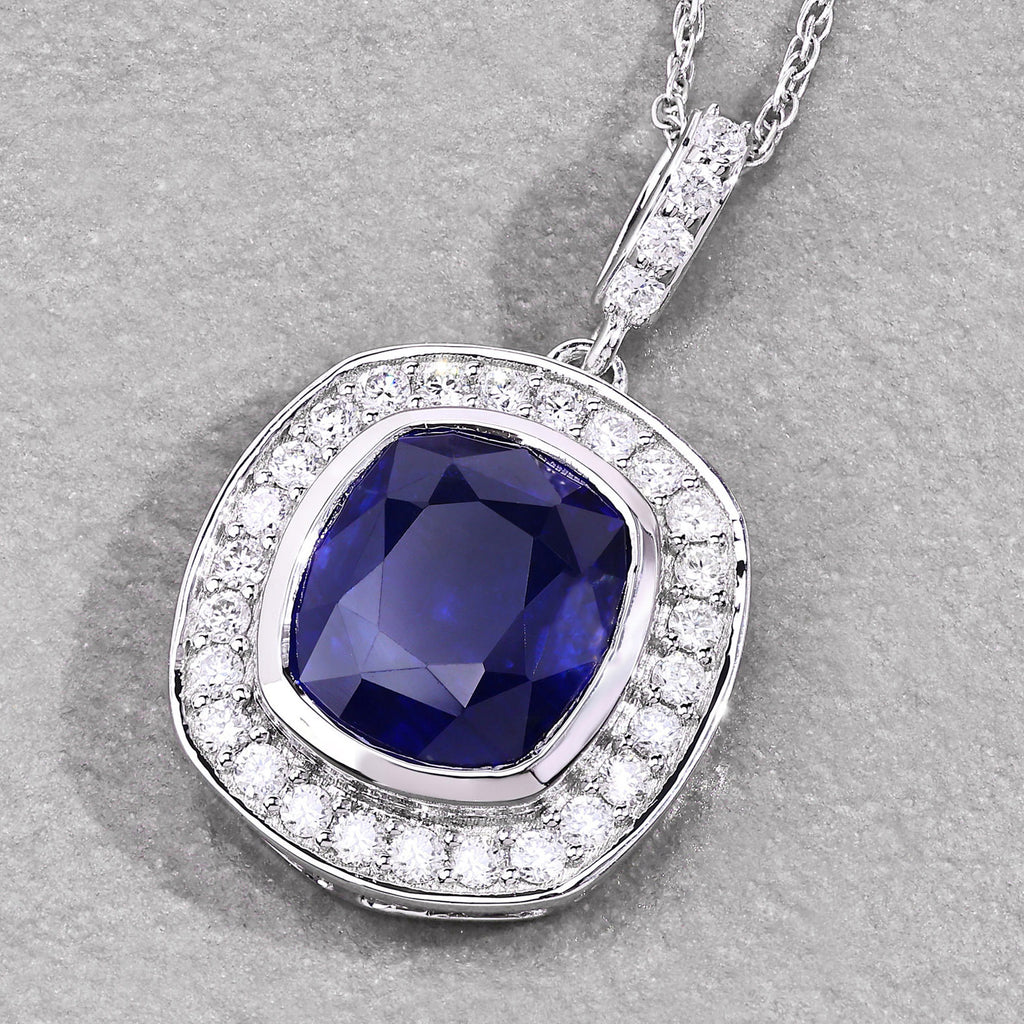 Blue Sapphire Pendant With Diamonds 2.92 Carats 18K White Gold